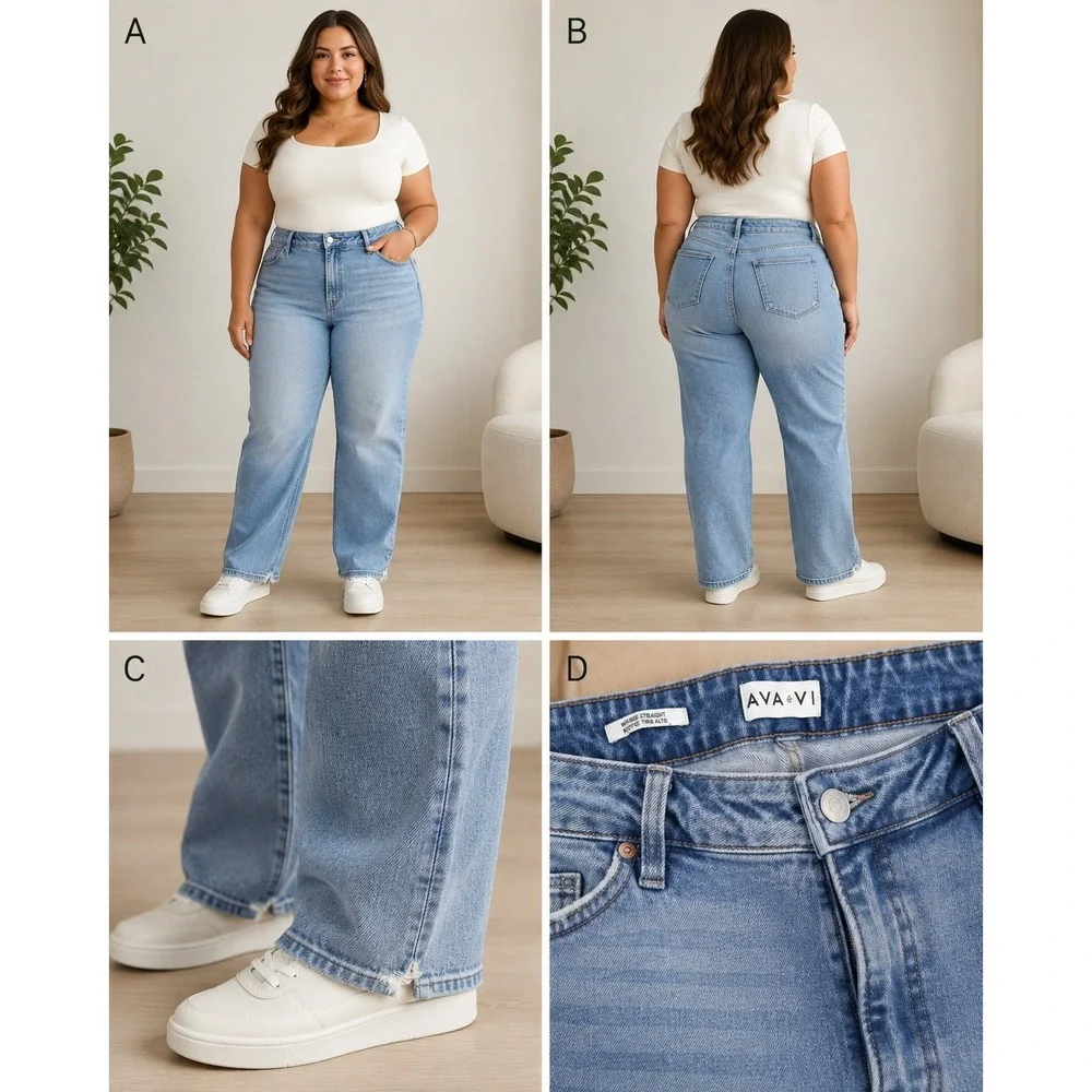 Ava & Viv Womens High Rise Straight Leg Jeans Blue Distressed Hem Size 18W